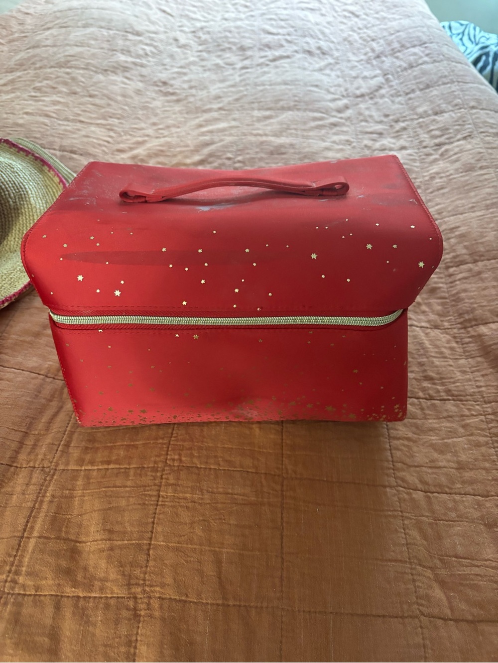Estee Lauder Red Cosmetic Train-Case with Gold Star Accents